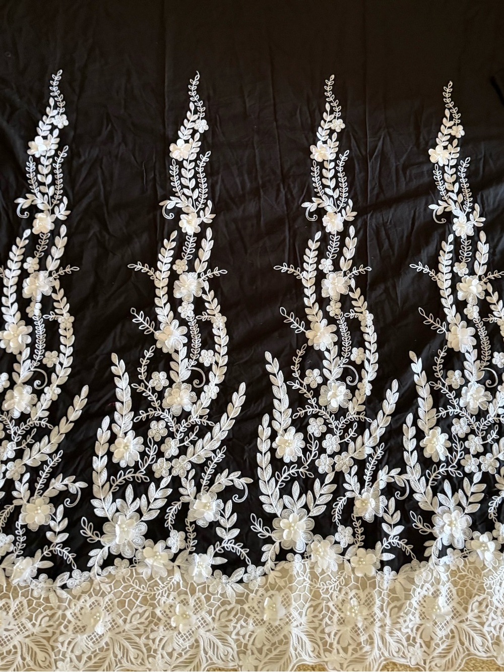 Elegant Black Cotton Fabric with White Floral Lace Embroidery